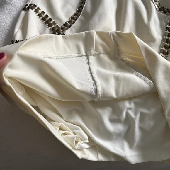 Bebe Cream Bodycon Sleeveless Mini Dress with Gold Studs & Sequins - Sexy Party - Picture 16 of 16